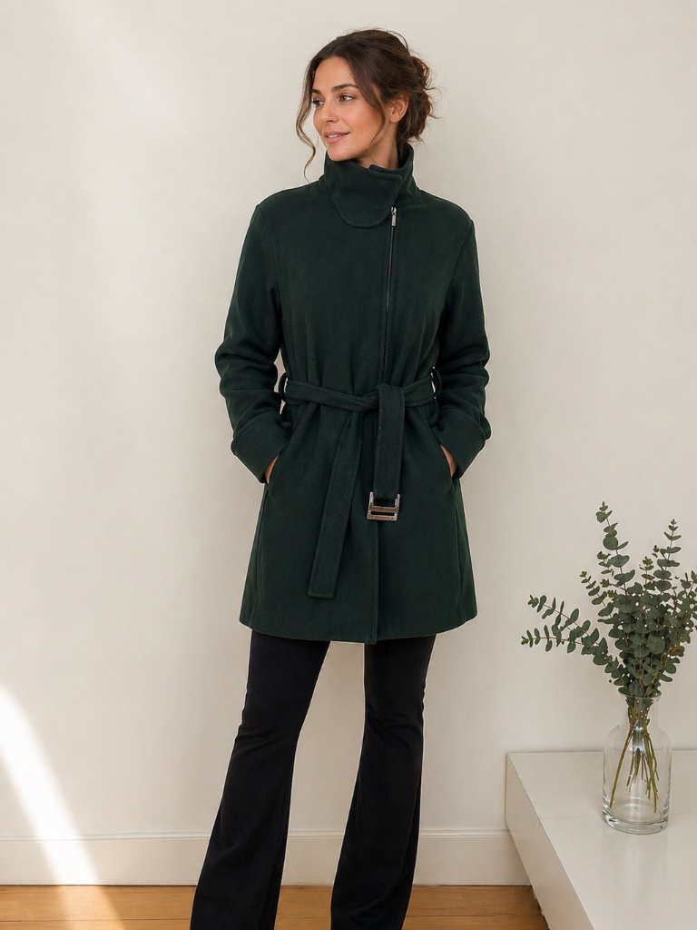 Armani Collezioni Zip Front Belted Lined Dark Green Trench Coat- Dark Green